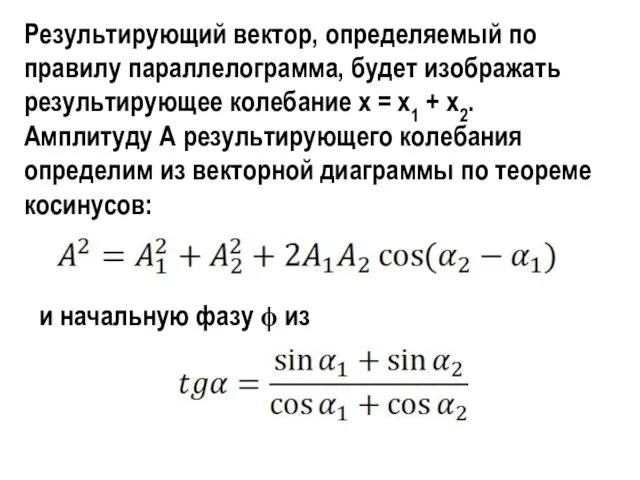 Результирующий вектор, определяемый по правилу параллелогра­мма, будет изображать результирующее колебание