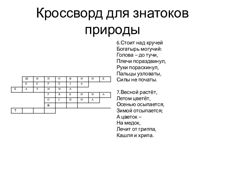 Кроссворд для знатоков природы 6.Стоит над кручей Богатырь могучий: Голова