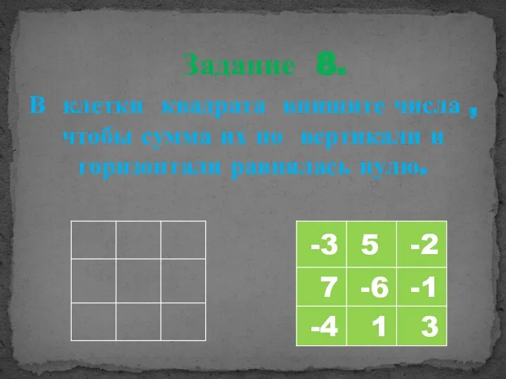 Задание 8. В клетки квадрата впишите числа , чтобы сумма