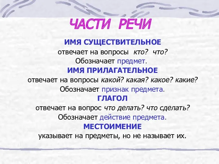 ЧАСТИ РЕЧИ ИМЯ СУЩЕСТВИТЕЛЬНОЕ отвечает на вопросы кто? что? Обозначает