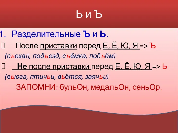 Ь и Ъ Разделительные Ъ и Ь. После приставки перед