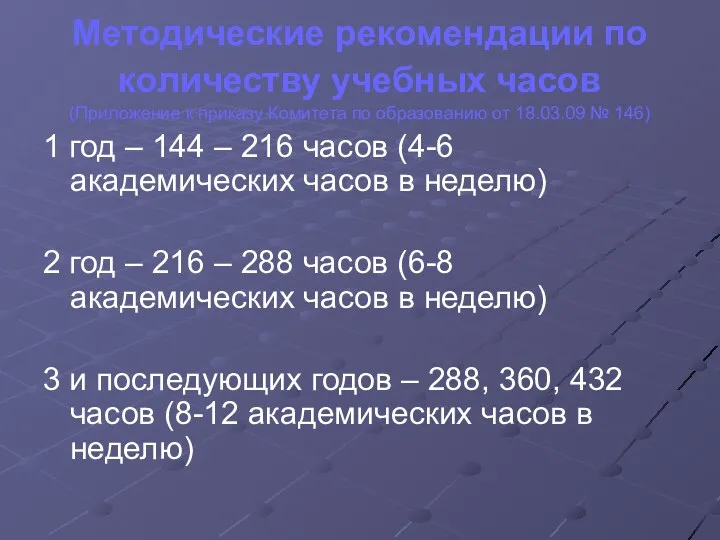 Методические рекомендации по количеству учебных часов (Приложение к приказу Комитета