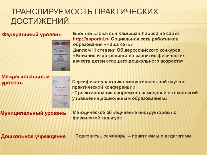 Транслируемость практических достижений Блог пользователя Камышан Лариса на сайте http://nsportal.ru