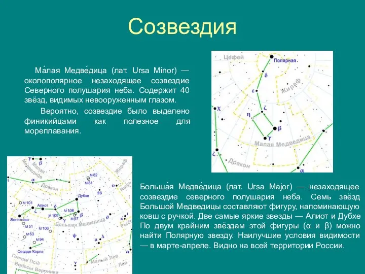 Созвездия Ма́лая Медве́дица (лат. Ursa Minor) — околополярное незаходящее созвездие