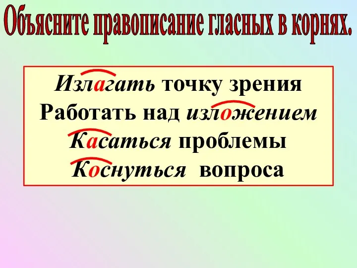 Объясните правописание гласных в корнях. Излагать точку зрения Работать над изложением Касаться проблемы Коснуться вопроса