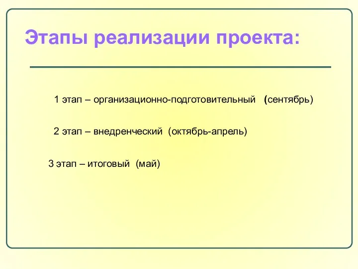 Этапы реализации проекта: 1 этап – организационно-подготовительный (сентябрь) 2 этап