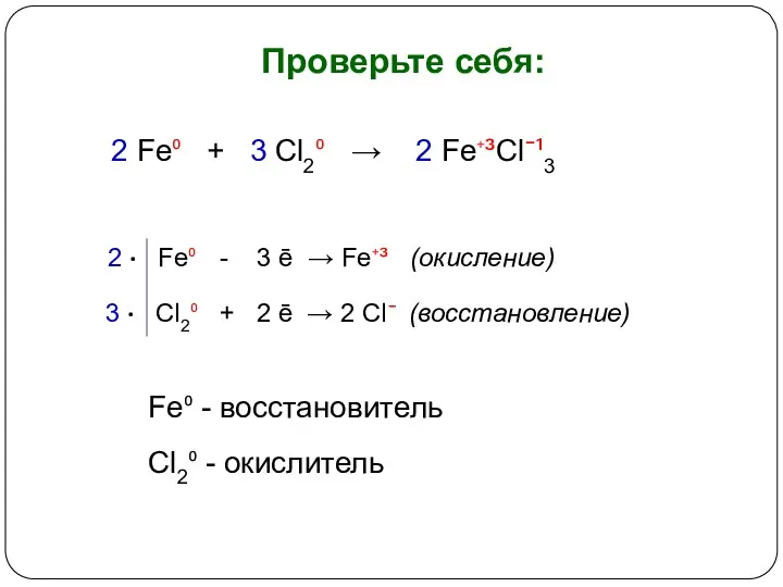 Проверьте себя: 2 Fe⁰ + 3 Cl2⁰ → 2 Fe⁺³Cl¯¹3 Fe⁰ - восстановитель