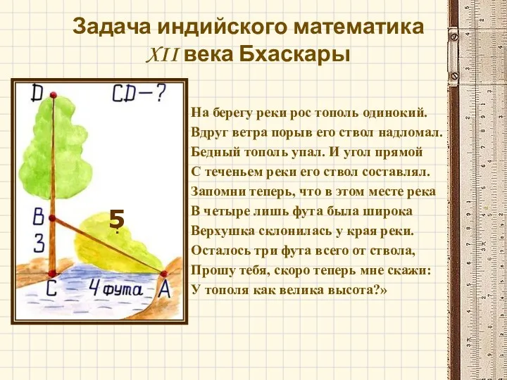 Задача индийского математика XII века Бхаскары На берегу реки рос