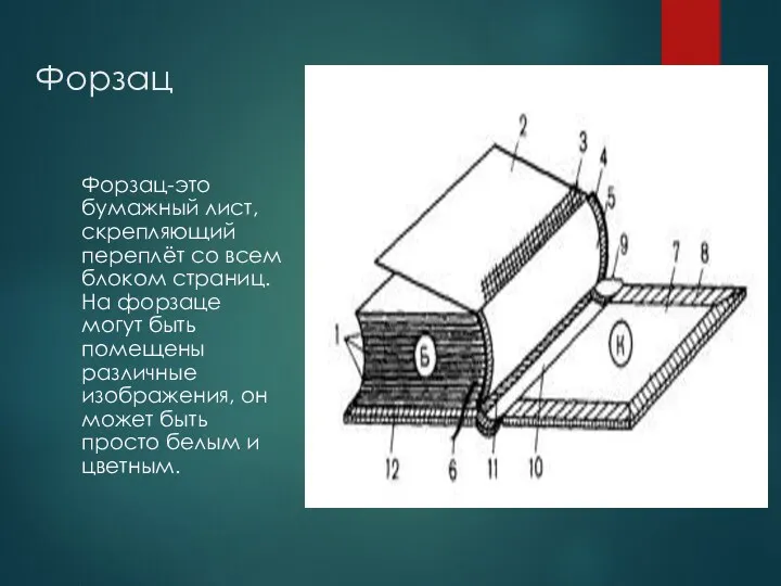 Форзац Форзац-это бумажный лист, скрепляющий переплёт со всем блоком страниц.