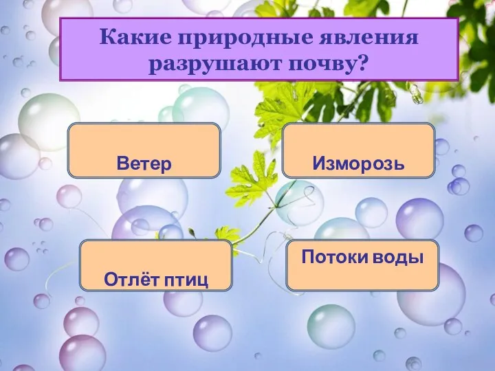 Какие природные явления разрушают почву? Ветер Изморозь Отлёт птиц Потоки воды