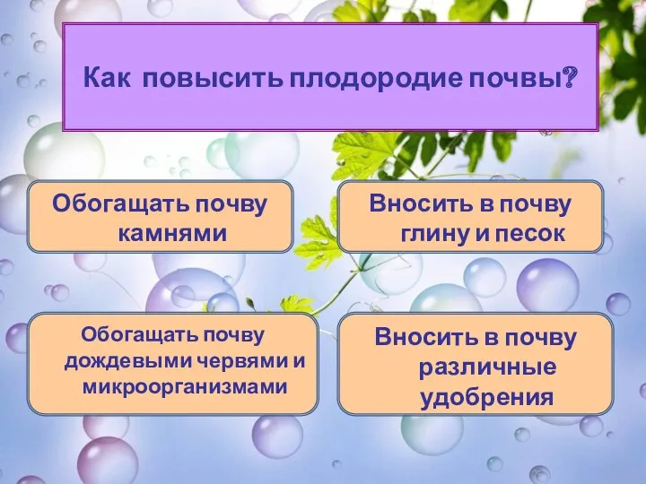 Как повысить плодородие почвы? Обогащать почву камнями Обогащать почву дождевыми червями и микроорганизмами