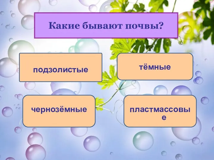 Какие бывают почвы? подзолистые тёмные чернозёмные пластмассовые