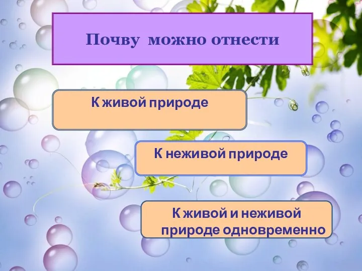 Почву можно отнести К живой природе К неживой природе К живой и неживой природе одновременно