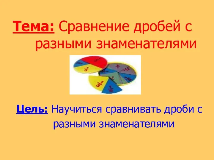 Тема: Сравнение дробей с разными знаменателями Цель: Научиться сравнивать дроби с разными знаменателями