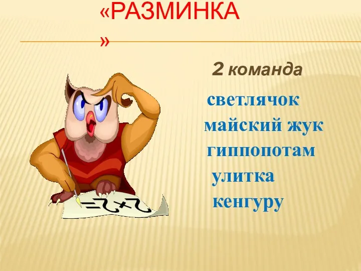 «разминка» 2 команда светлячок майский жук гиппопотам улитка кенгуру