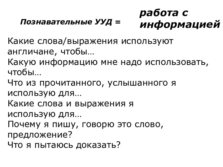 Познавательные УУД = работа с информацией Какие слова/выражения используют англичане, чтобы… Какую информацию