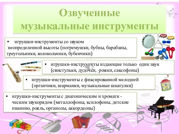 Озвученные музыкальные инструменты игрушки-инструменты со звуком неопределенной высоты (погремушки, бубны,