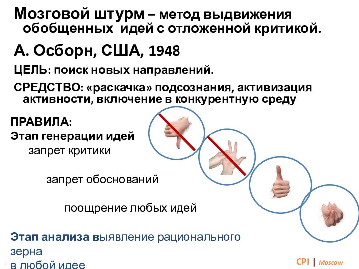 Методы решения проблем Мозговой штурм Мозговой штурм – метод выдвижения