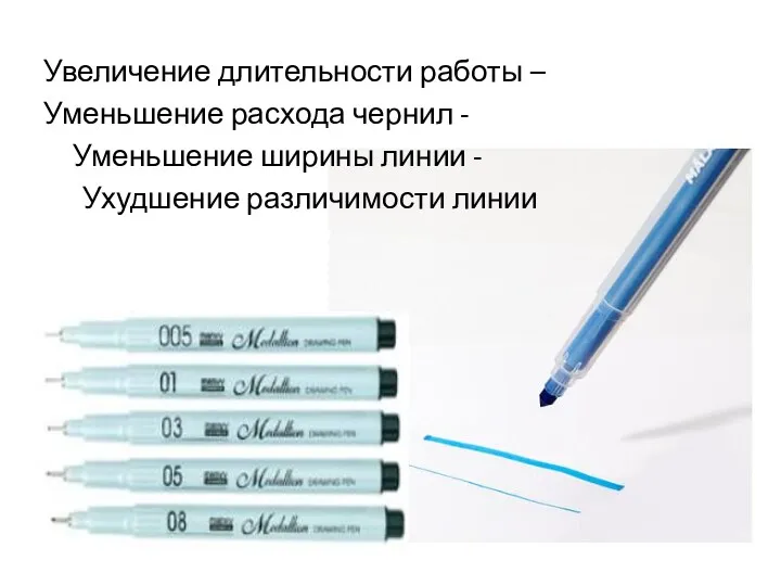 Увеличение длительности работы – Уменьшение расхода чернил - Уменьшение ширины линии - Ухудшение различимости линии