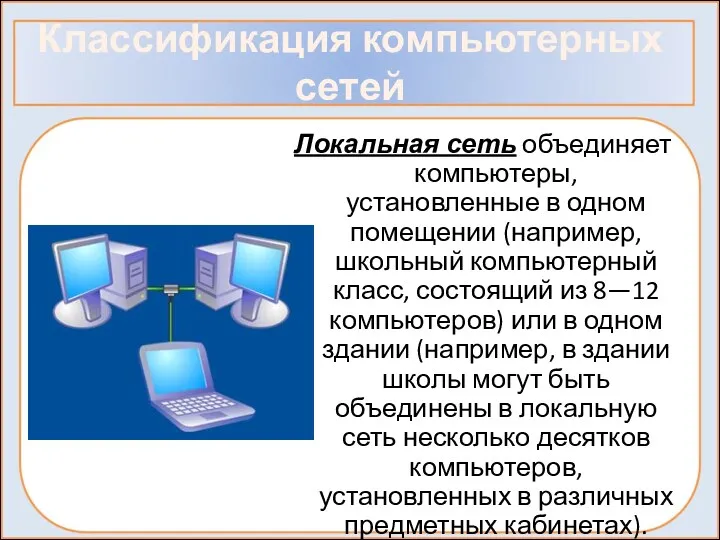 Классификация компьютерных сетей Локальная сеть объединяет компьютеры, установленные в одном