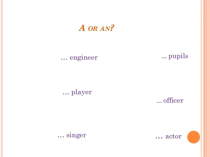 A or an? … engineer … player … singer … pupils … officer … actor