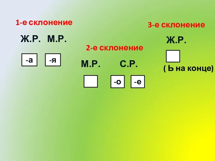 1-е склонение 2-е склонение 3-е склонение -а -я -о -е