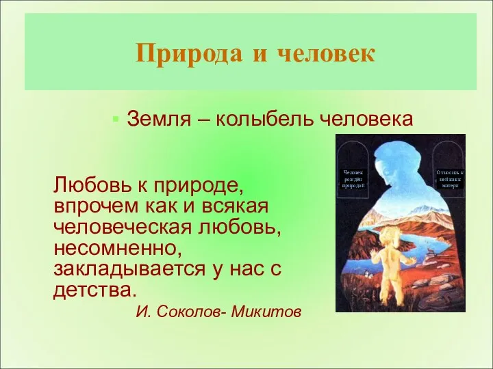 Природа и человек Земля – колыбель человека Любовь к природе,