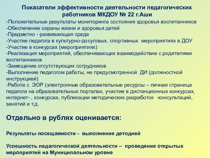 Показатели эффективности деятельности педагогических работников МКДОУ № 22 г.Аши -Положительные результаты мониторинга состояния