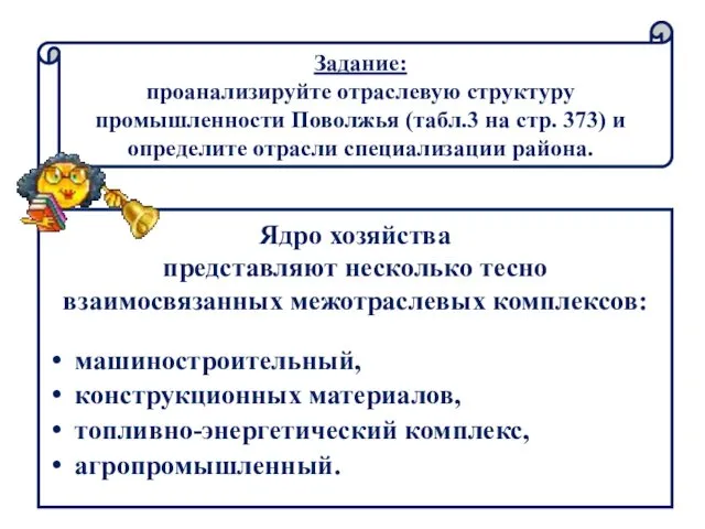 машиностроительный, конструкционных материалов, топливно-энергетический комплекс, агропромышленный. Ядро хозяйства представляют несколько