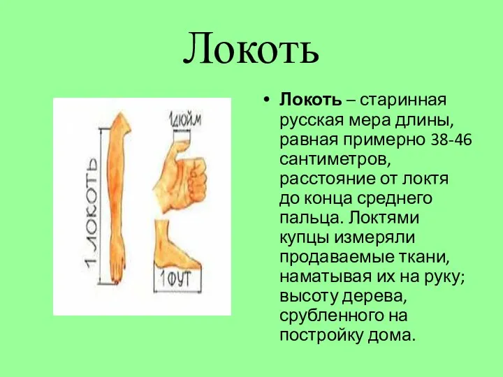 Локоть Локоть – старинная русская мера длины, равная примерно 38-46