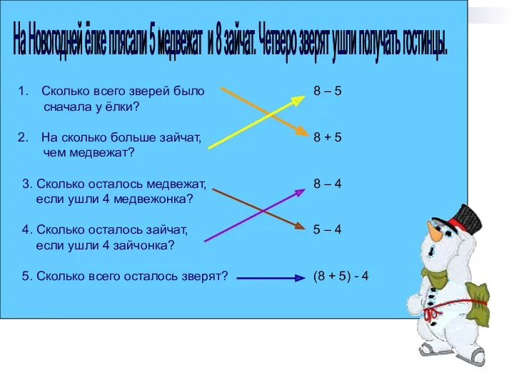 На Новогодней ёлке плясали 5 медвежат и 8 зайчат. Четверо