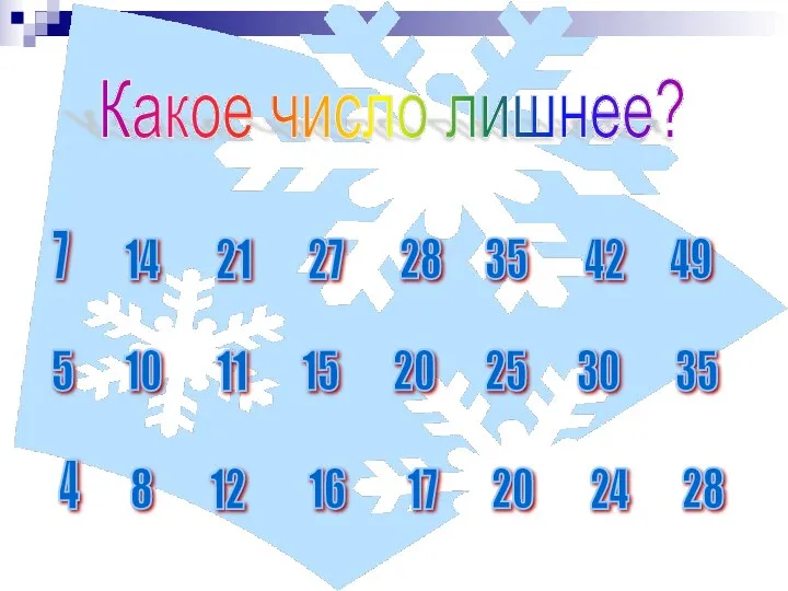 Какое число лишнее? 7 14 21 27 28 35 42