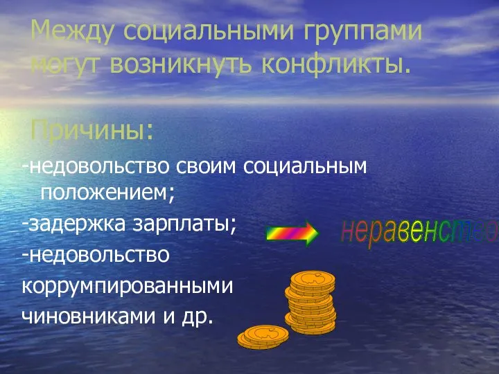 Между социальными группами могут возникнуть конфликты. Причины: -недовольство своим социальным