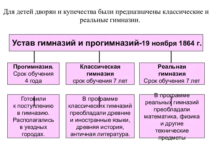 Для детей дворян и купечества были предназначены классические и реальные гимназии.