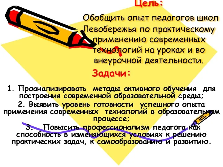 Цель: Обобщить опыт педагогов школ Левобережья по практическому применению современных