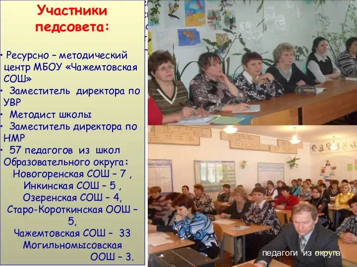 Участники педсовета: Ресурсно – методический центр МБОУ «Чажемтовская СОШ» Заместитель