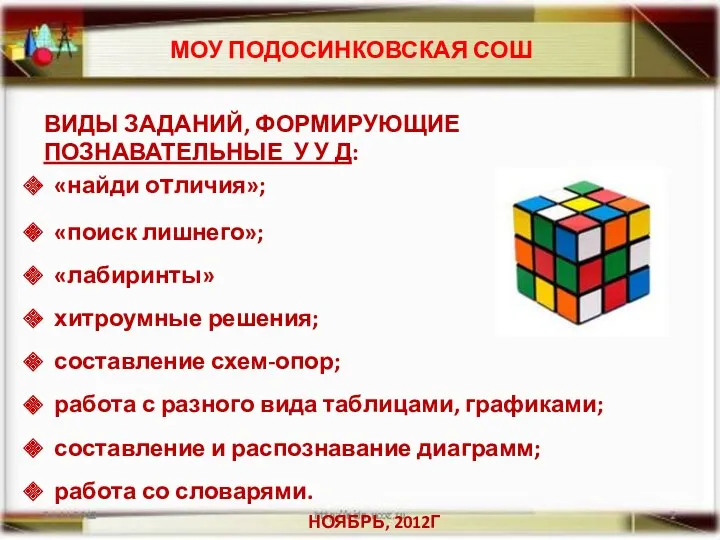 МОУ ПОДОСИНКОВСКАЯ СОШ НОЯБРЬ, 2012Г ВИДЫ ЗАДАНИЙ, ФОРМИРУЮЩИЕ ПОЗНАВАТЕЛЬНЫЕ У У Д: «найди