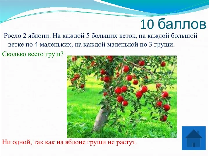 10 баллов Росло 2 яблони. На каждой 5 больших веток,