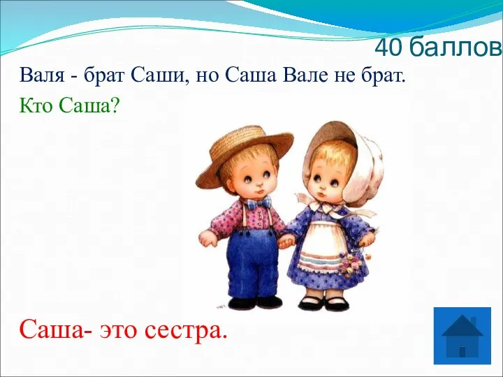 40 баллов Валя - брат Саши, но Саша Вале не брат. Кто Саша? Саша- это сестра.