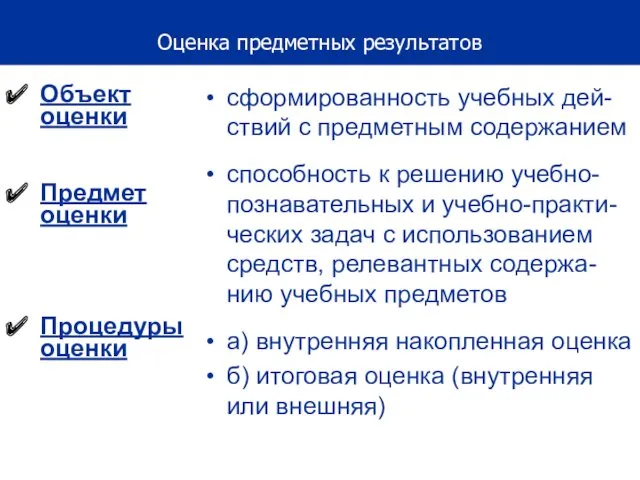 Объект оценки Предмет оценки Процедуры оценки сформированность учебных дей-ствий с