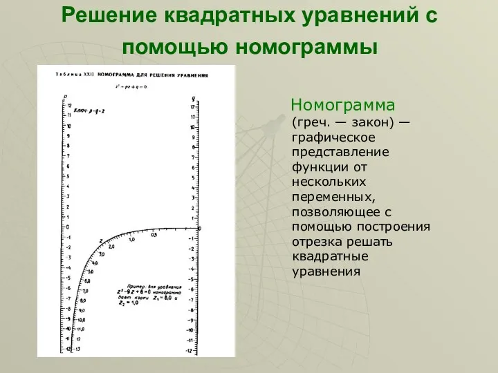 Решение квадратных уравнений с помощью номограммы Номограмма (греч. — закон)