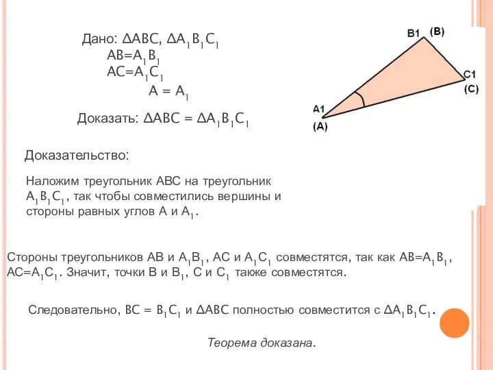 Дано: ∆ABC, ∆A1B1C1 AB=A1B1 AC=A1C1 A = A1 Доказать: ∆ABC = ∆A1B1C1 Доказательство: