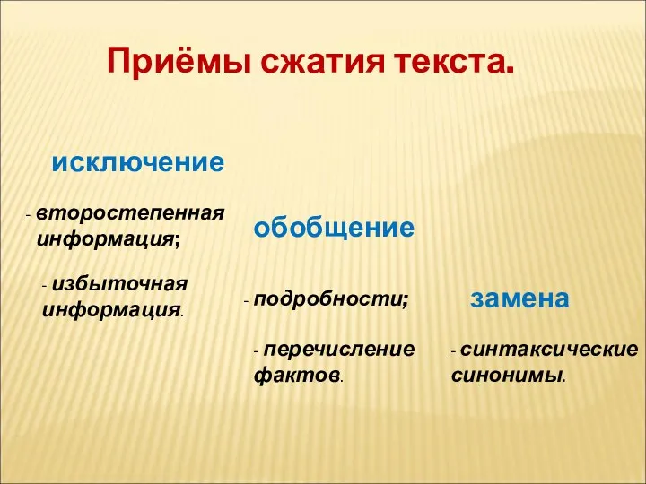 Приёмы сжатия текста. исключение обобщение замена второстепенная информация; - избыточная