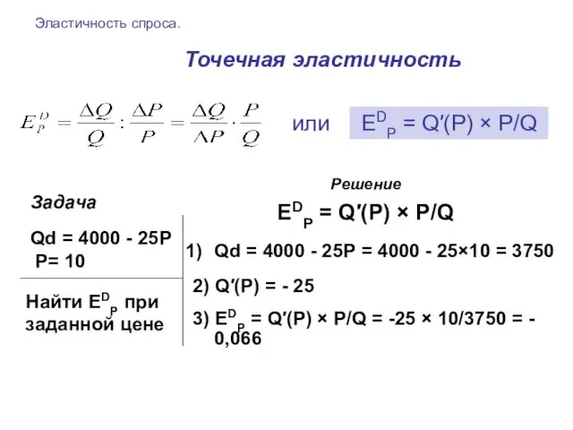 Эластичность спроса. Точечная эластичность ЕDP = Q′(P) × P/Q Решение ЕDP = Q′(P)
