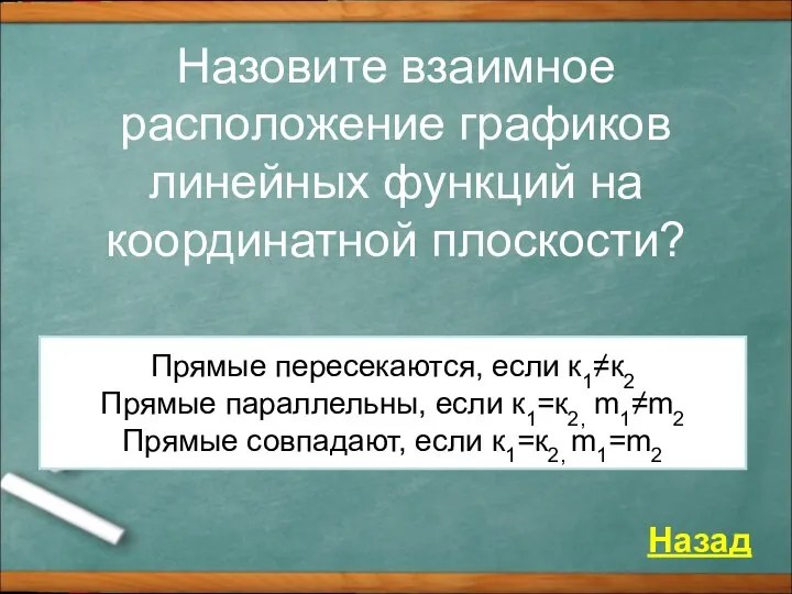 Назовите взаимное расположение графиков линейных функций на координатной плоскости? Назад