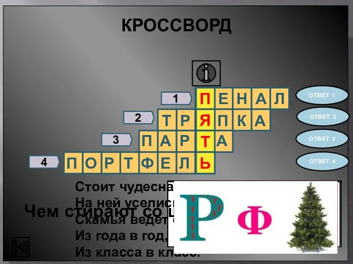 1 2 3 4 ОТВЕТ 1 Чем стирают со школьной доски? ОТВЕТ 2