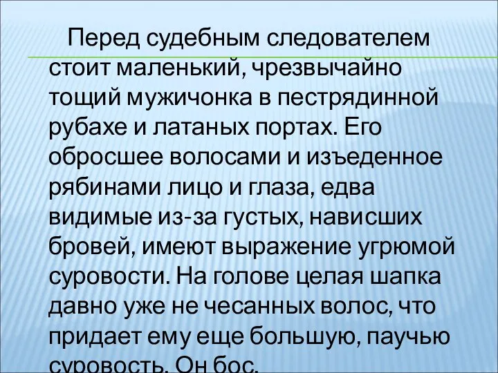 Перед судебным следователем стоит маленький, чрезвычайно тощий мужичонка в пестрядинной рубахе и латаных