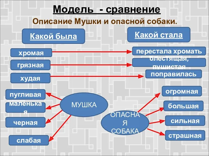 Модель - сравнение Описание Мушки и опасной собаки. хромая грязная