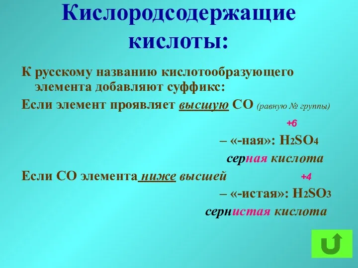 Кислородсодержащие кислоты: К русскому названию кислотообразующего элемента добавляют суффикс: Если элемент проявляет высшую