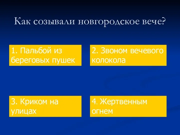 Как созывали новгородское вече? 1. Пальбой из береговых пушек 2.